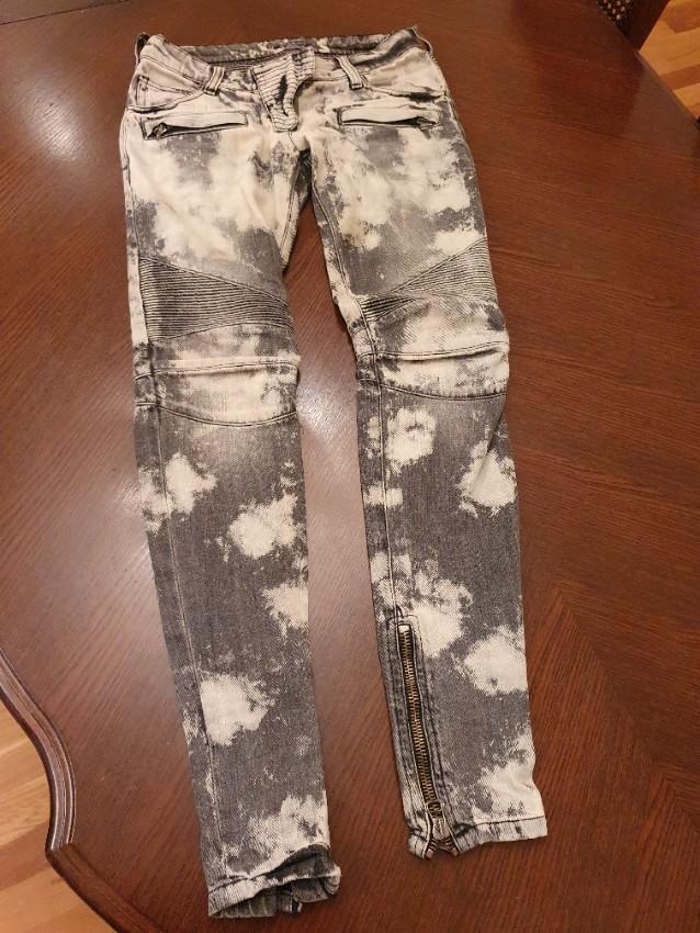 Balmain Grey Bleached Denim Biker Jeans