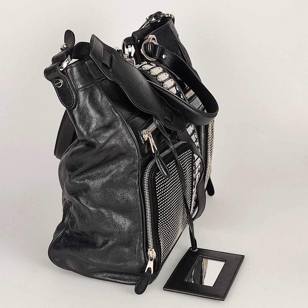 Black leather silver-tone studded tote bag