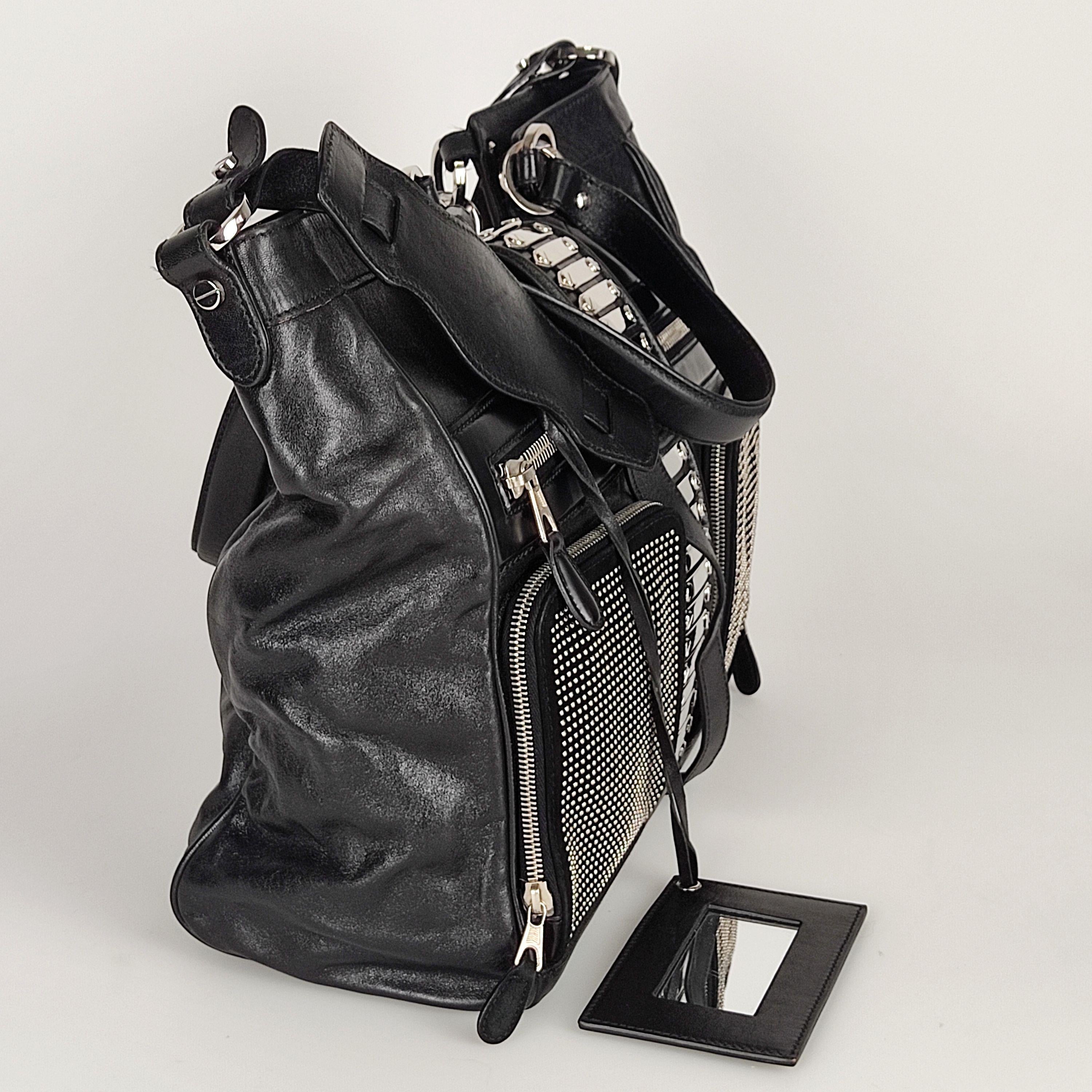 Black leather silver-tone studded tote bag