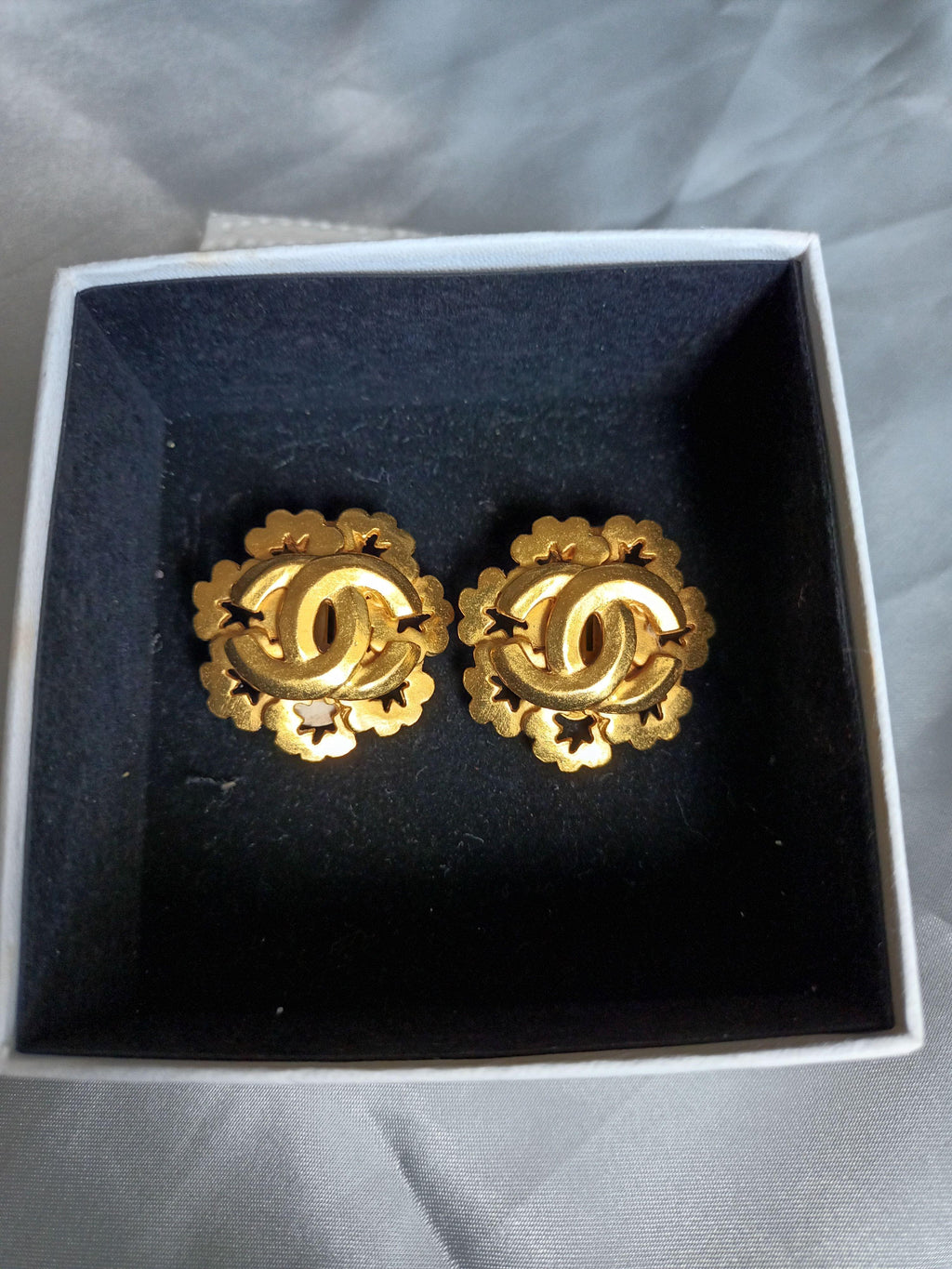 Chanel Gold Plated CC Flower Earrings