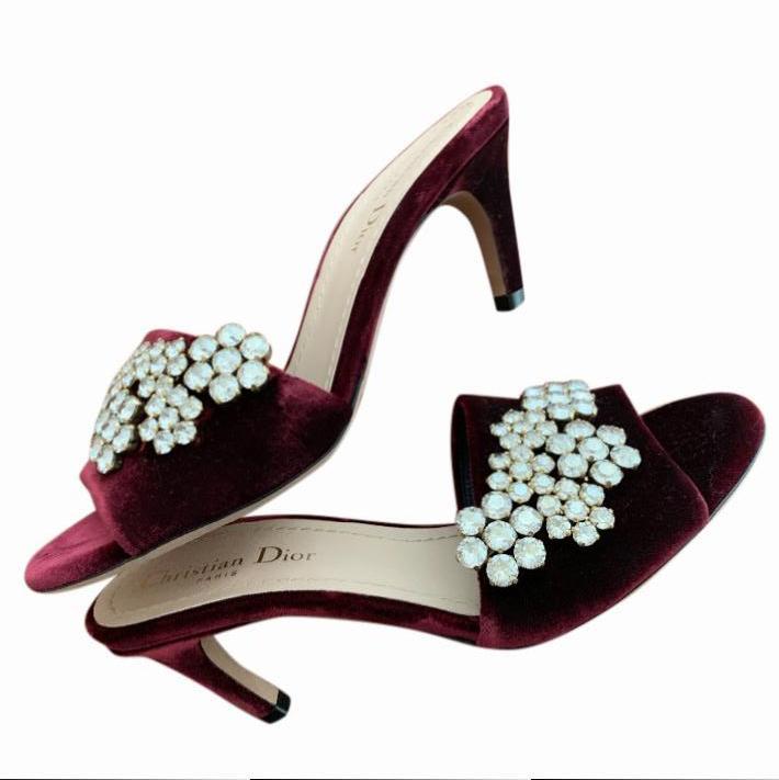 Dior burgundy rhinetone embellished velvet sandals