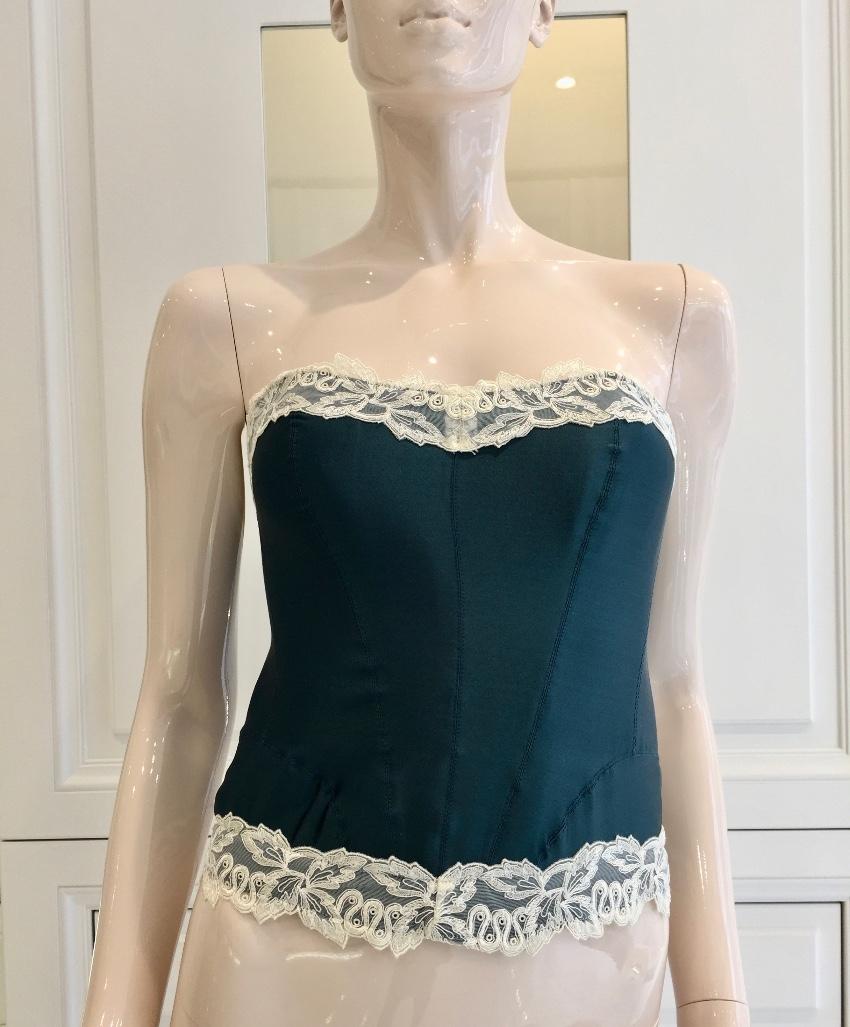 Millesia Couture Forest Green Silk & Calais Leavers Lace Corset
