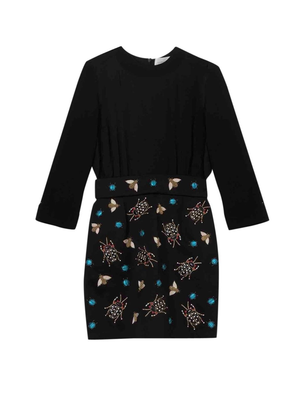 Black Silk Satin & Navy Crepe Insect Embellished Short Dress