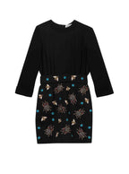 Black Silk Satin & Navy Crepe Insect Embellished Short Dress