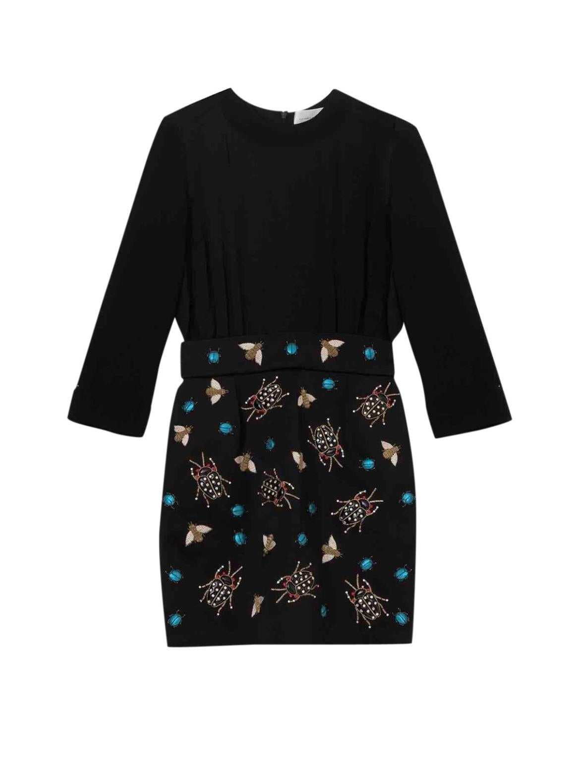 Black Silk Satin & Navy Crepe Insect Embellished Short Dress