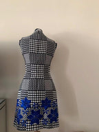 Black and White Check Mini Dress with Floral Embroidery