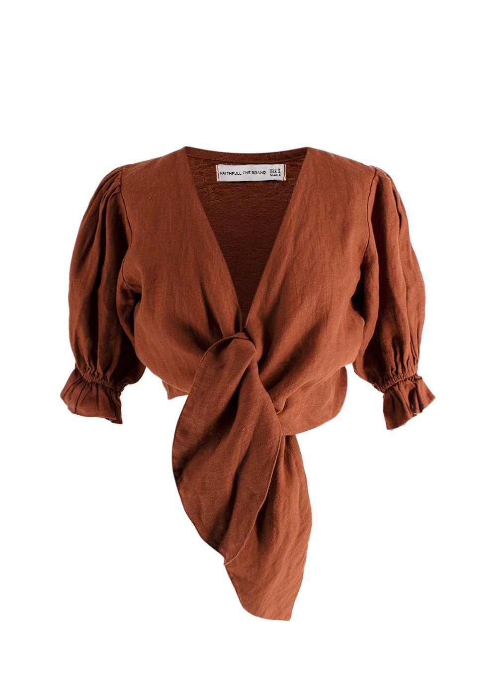 Faithfull The Brand Brown Tie Front Linen Top and Wide Leg Trouser Set
