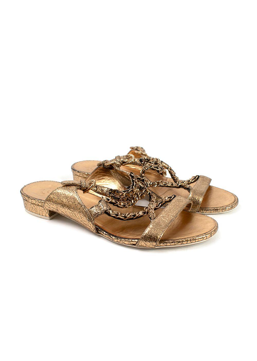 Chanel Metallic Gold Leather Chain Detail Sandals