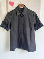 Black cotton ruffle-sleeve shirt