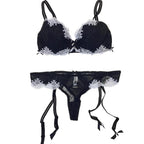 Millesia Black & White Guipure Lace Pad Bra & Suspender Thong Set