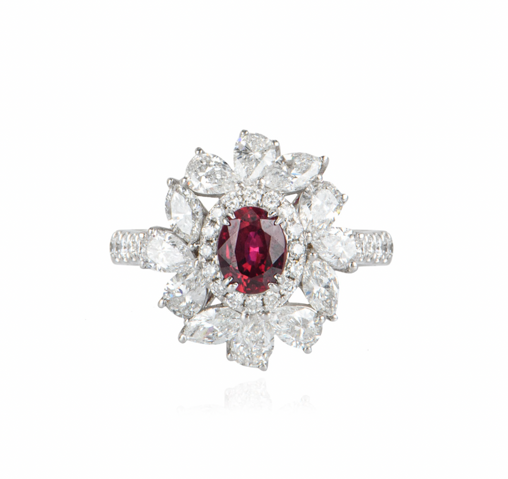 18ct white gold, white diamond & ruby ring 0.87ct 52