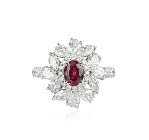 18ct white gold, white diamond & ruby ring 0.87ct 52
