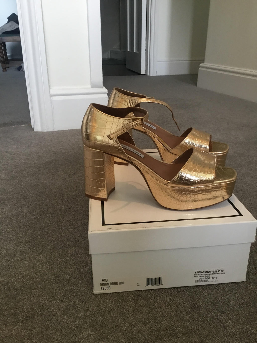 Gold croc embossed leather platform heeled sandals