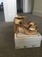Gold croc embossed leather platform heeled sandals