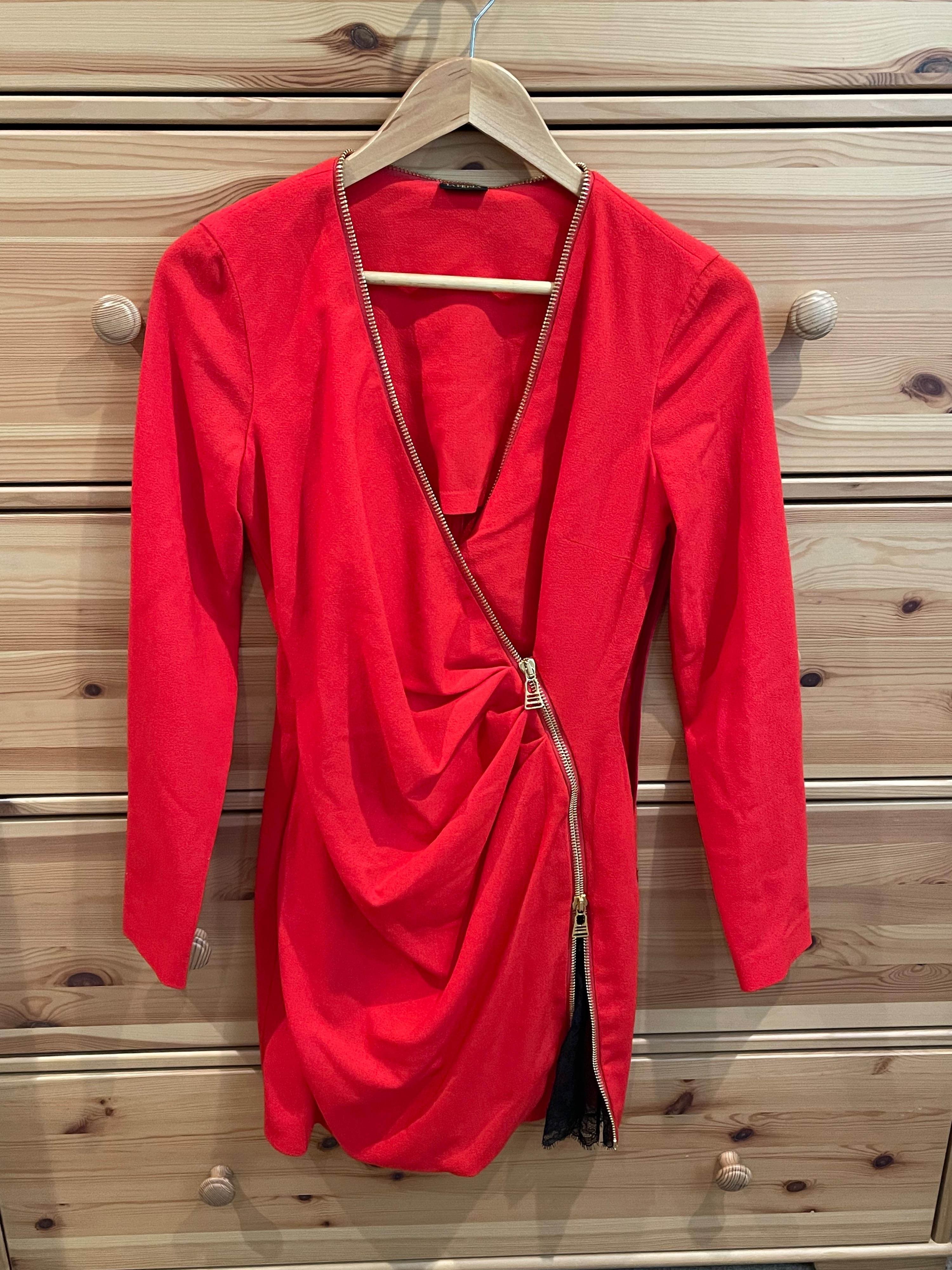 Red crepe &  black lace cocktail dress