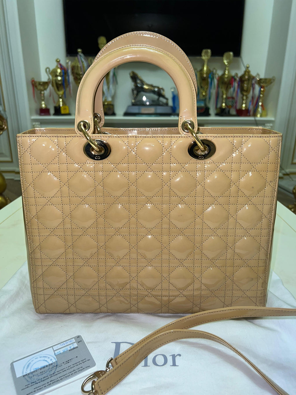 Beige Patent Leather Large Lady Dior Tote Bag