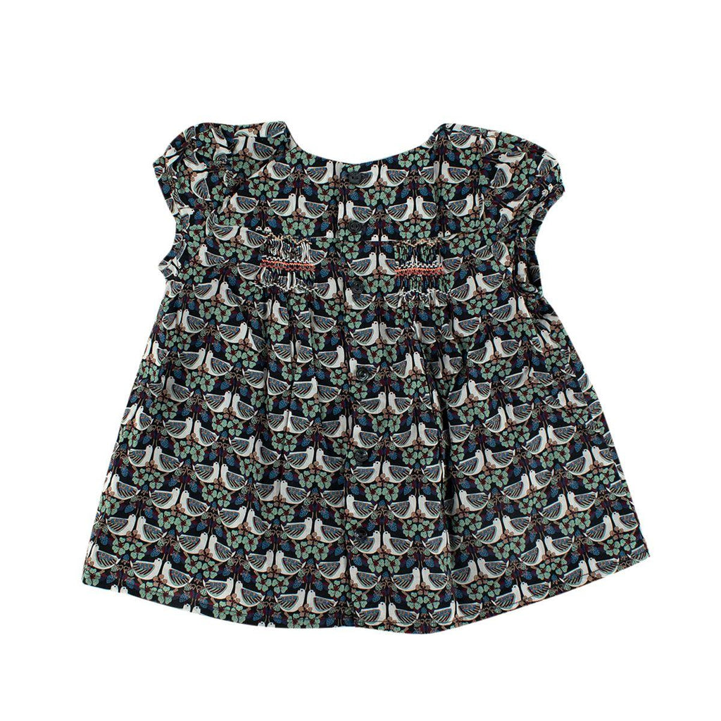 Turtledove Print Black Cotton Smocked Blouse