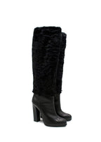 Dior Black Knee High Leather Boots with Fur Detail