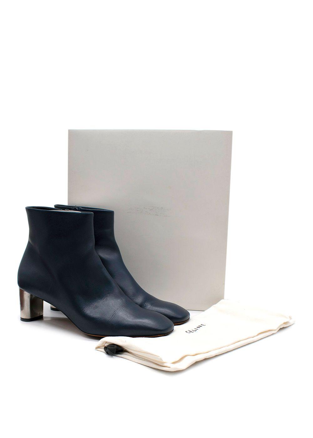 Celine Navy Leather Silver Brushed Heel Ankle Boot