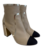 Beige Leather Heeled Boots with Silver Trim