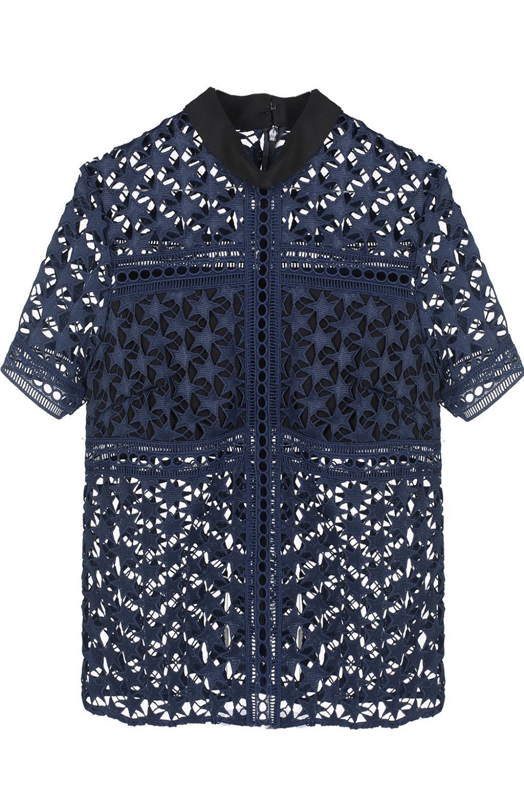 Navy Blue Star Lace Short Sleeved Blouse