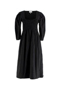 Ganni Black Cotton Poplin Open Neck Smock Midi Dress