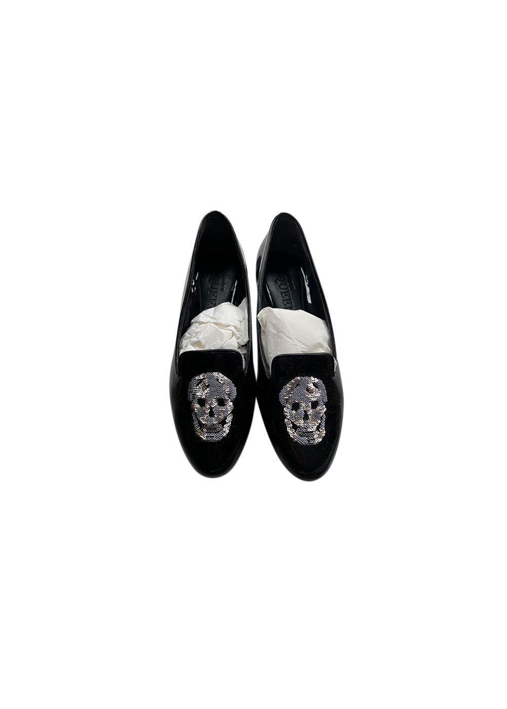 Black patent sequin skull loafers