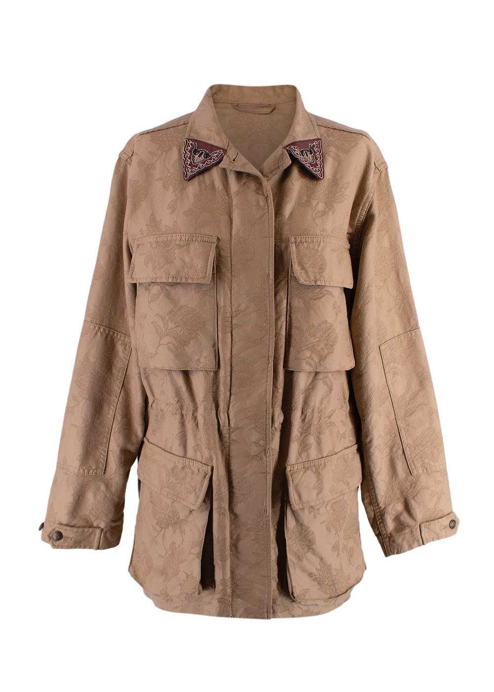 Tan Floral Embroidered Jacquard Jacket