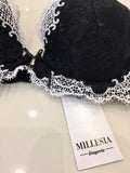 Millesia Black & White Guipure Lace Pad Bra & Suspender Thong Set