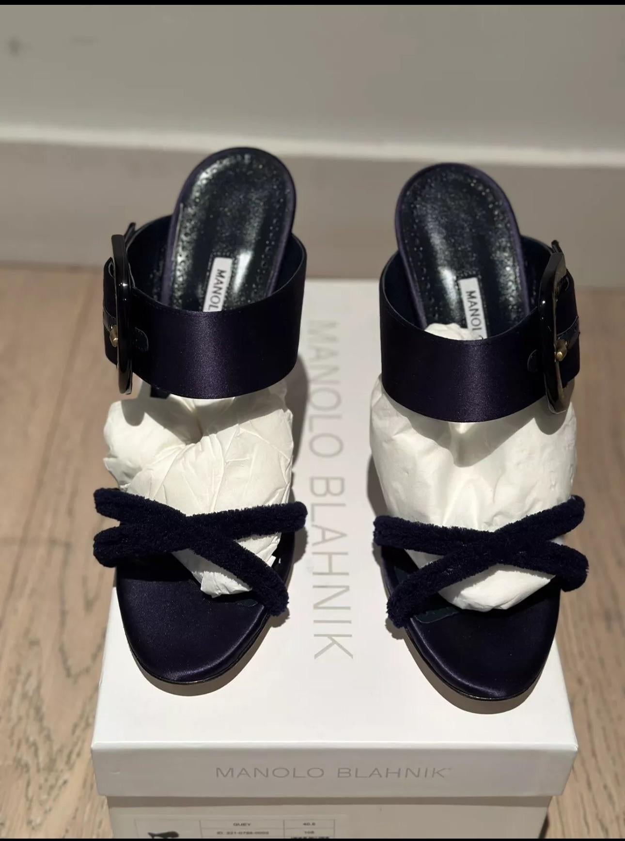 Manolo Blahnik Navy Guey Open Toe Mules