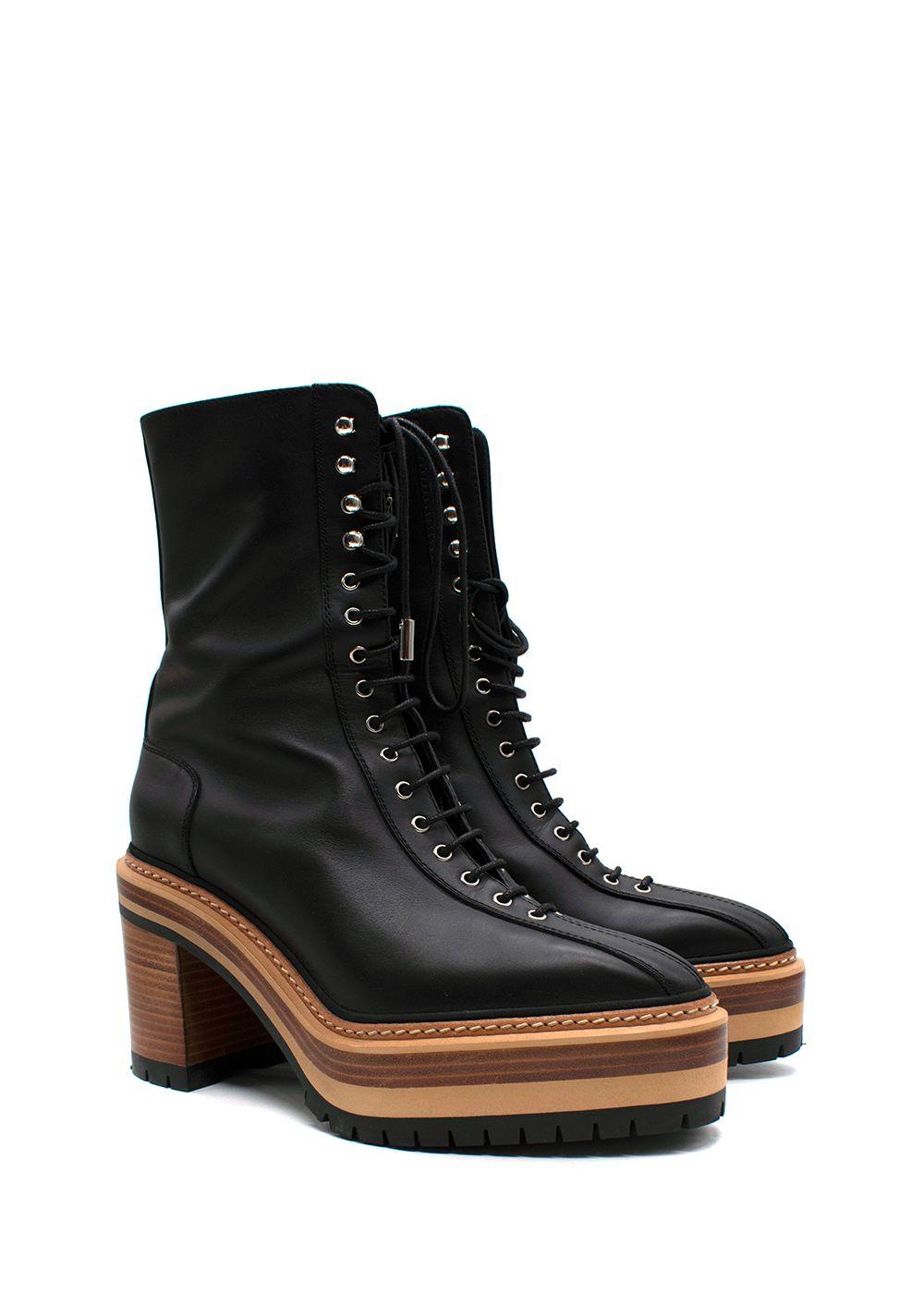 Hermes Black Leather Lace Up Platform Boots