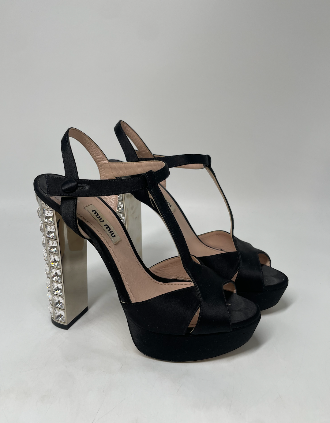 Miu Miu Crystal Embellished Heeled Satin Sandals