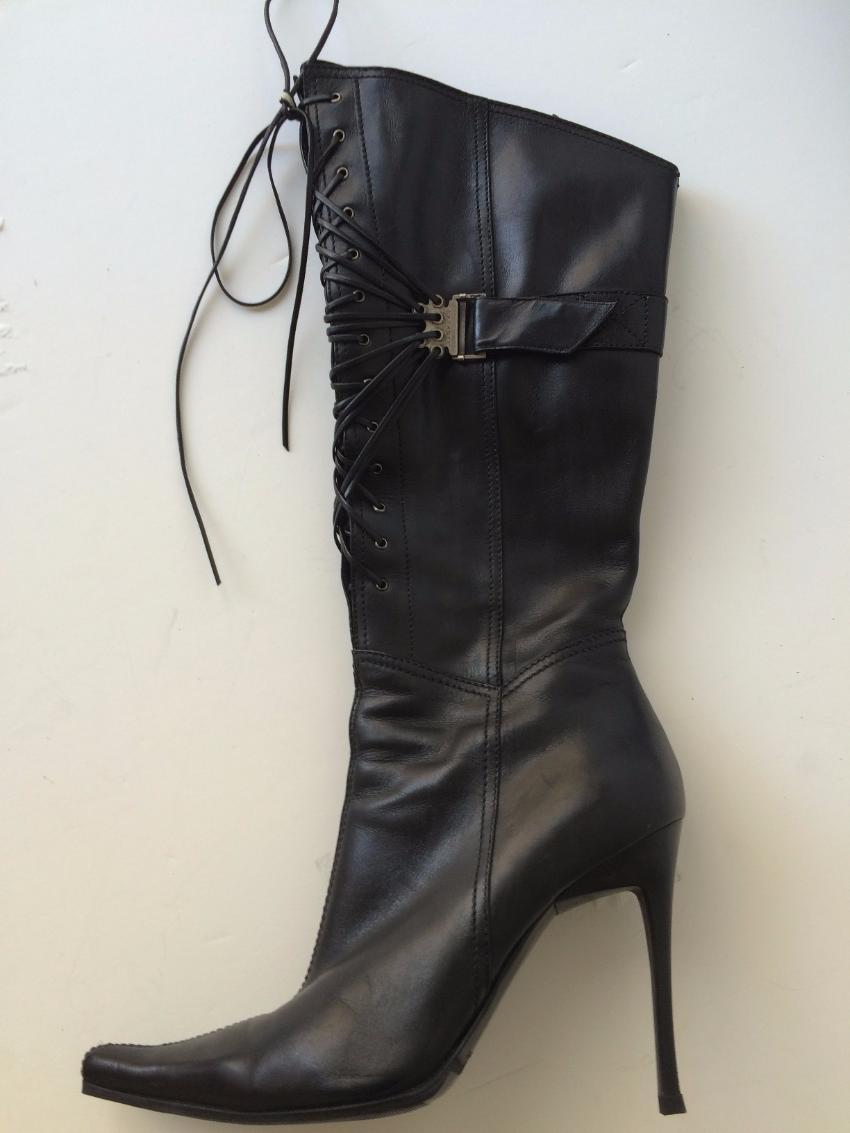 Casadei Black Leather Knee High Stilleto Lace Up Boots