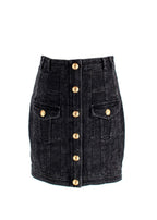 Balmain Black Denim Skirt with Gold Button Detail