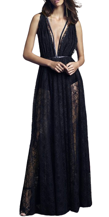 Black Sheer Lace Plunge Gown
