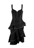 Alexander McQueen Black Denim Ruffled Asymmetric Midi Dress