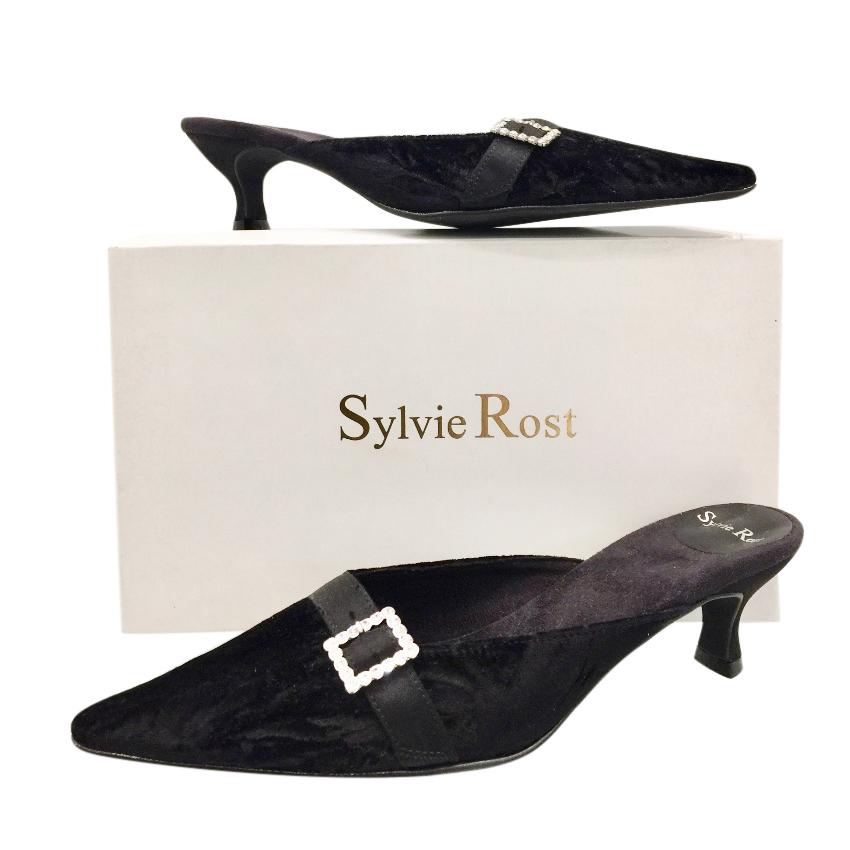 Sylvie Rost Black Crushed Velour Evening Slippers