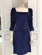 French Couture Navy Blue Panne Velvet Square Neck Dress