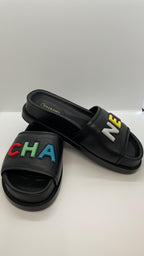 Multicoloured Logo Black Leather Slide Sandals
