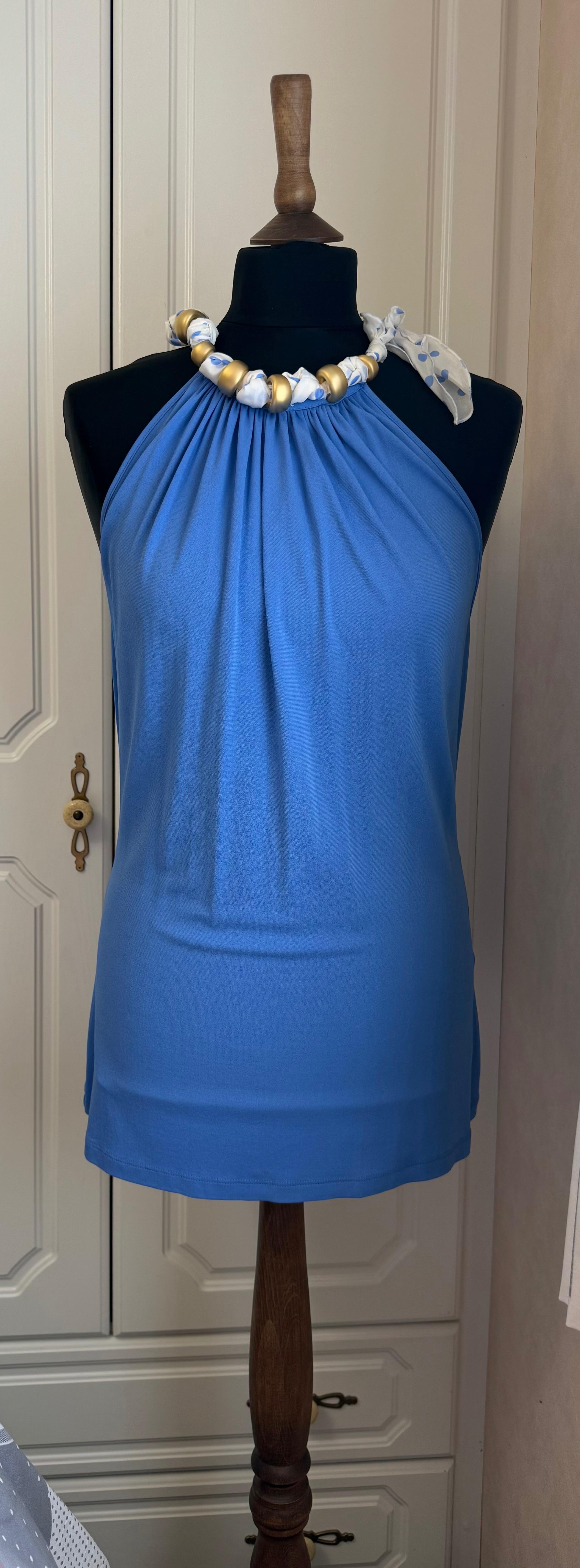Blumarine Scarf Tie Neck Detail Blue Stretch Top