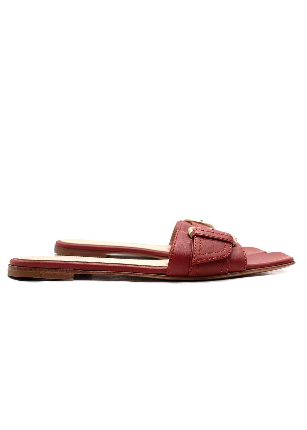 Gianvito Rossi Brick Red Buckle Detail Leather Slides