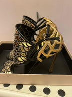 Black & Gold Fish Scale Heeled Sandals