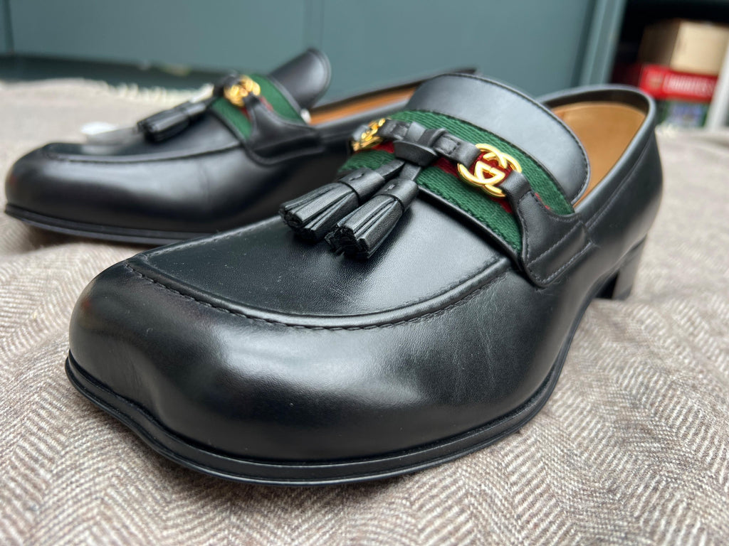 Gucci Black Leather Web Interlocking Loafers