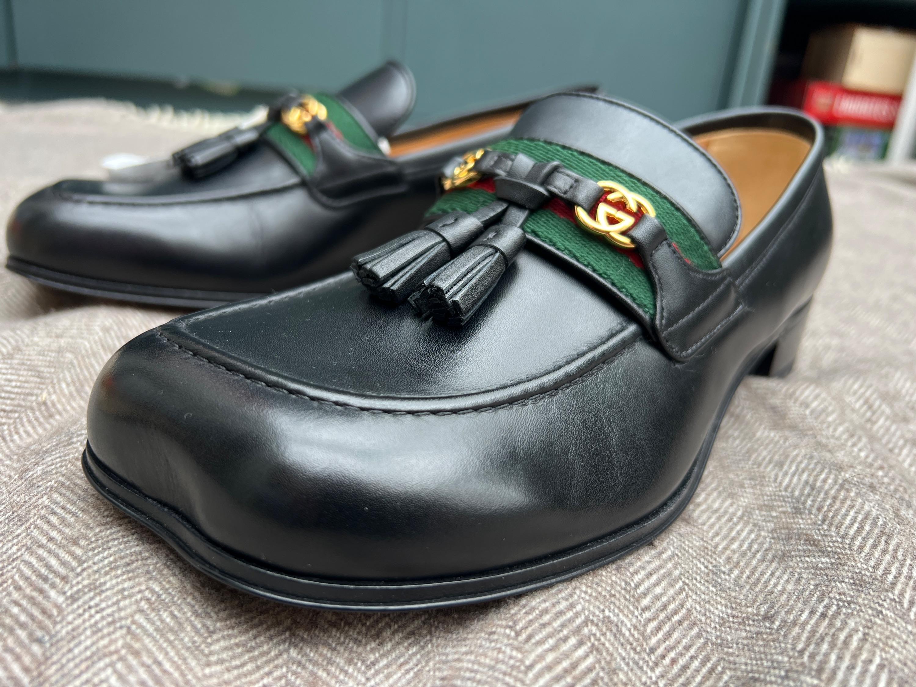 Gucci Black Leather Web Interlocking Loafers