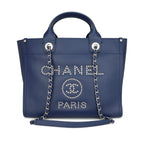 Studded Navy Blue Caviar Deauville Tote Small