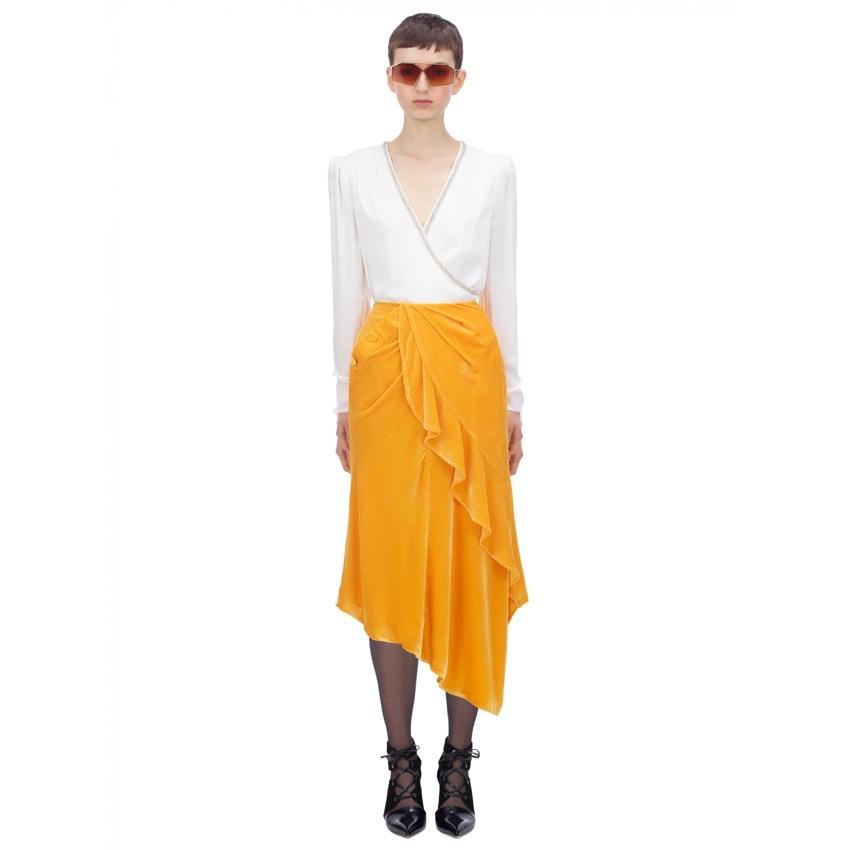 Self Portrait Yellow Velvet Ruffle Midi Skirt
