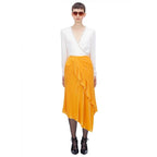 Self Portrait Yellow Velvet Ruffle Midi Skirt