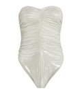 Norma Kamali White Ruched Metallic Marissa Swimsuit