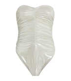 Norma Kamali White Ruched Metallic Marissa Swimsuit