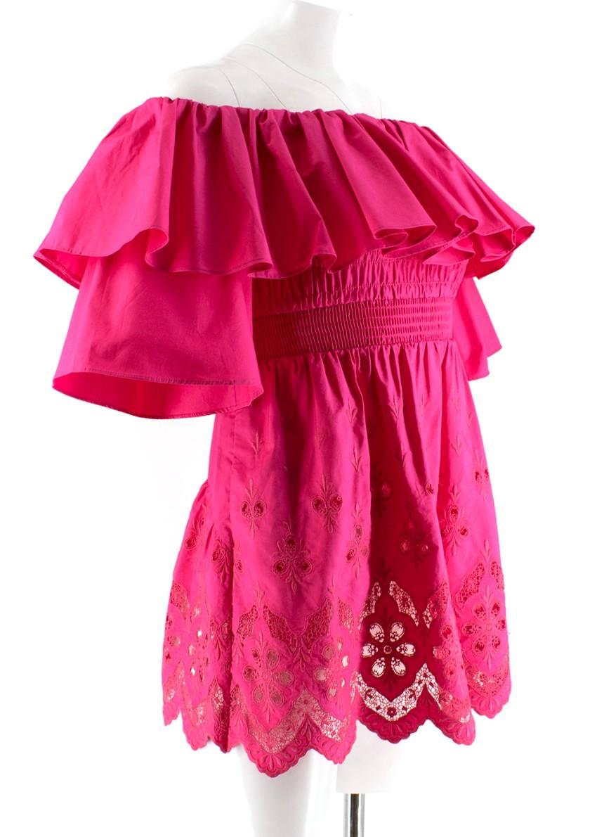 Self Portrait Fuchsia Embroidered Ruffle Off Shoulder Top